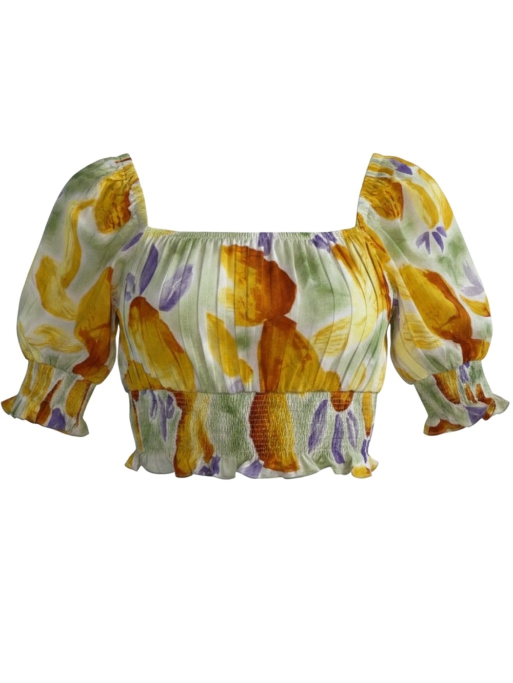 Easel Floral Smocked Crop Top Puffy Sleeves - Yellow & Lavender